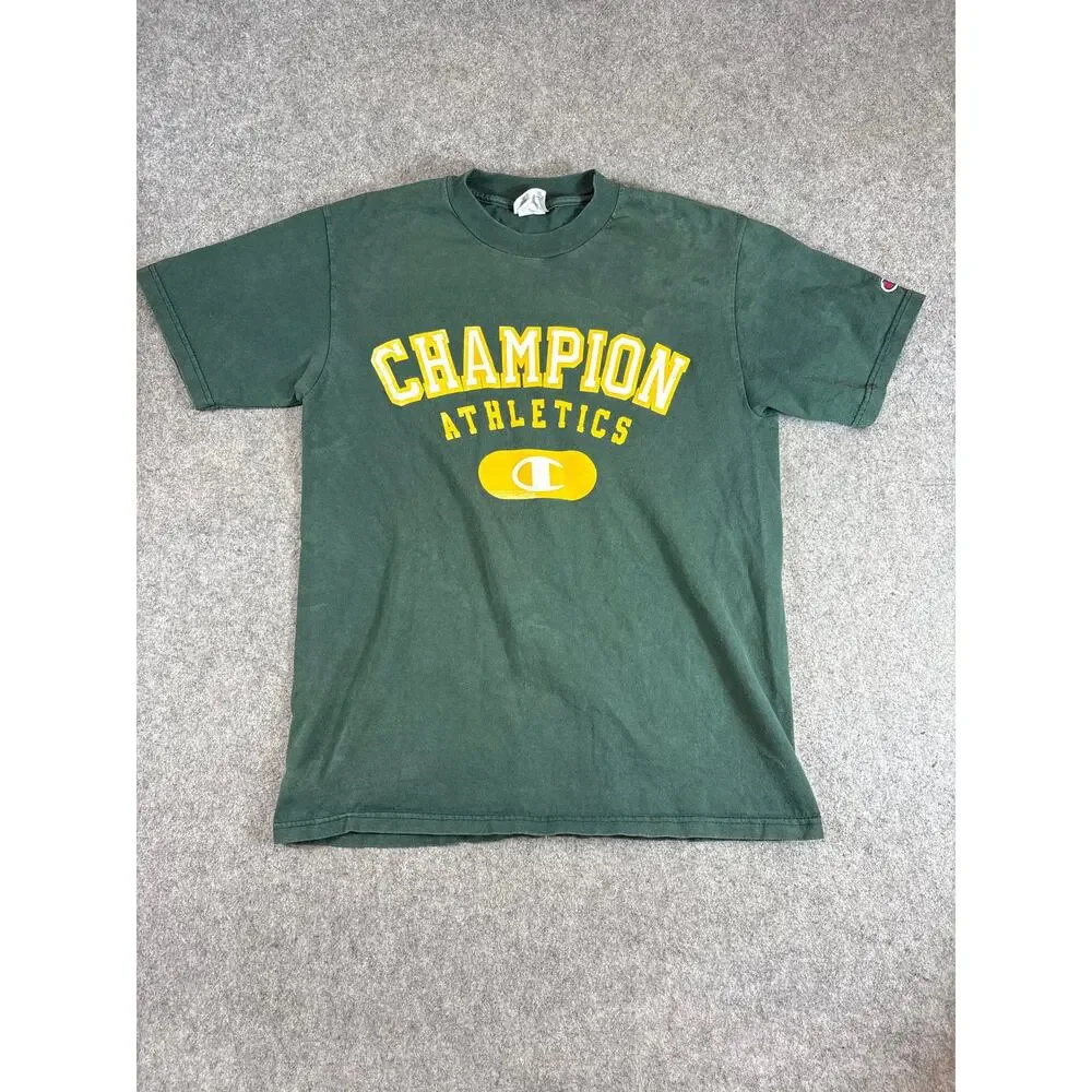 Vintage 90s Champion Athletics T Shirt Mens Medium Green Cotton Streetwear Tee - Picture 1 of 9